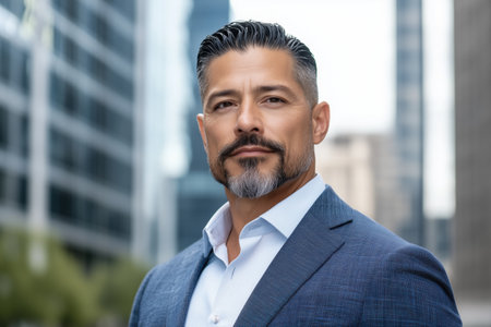 Confident man in a blue suit standing in an urban cityscape. Modern business environment and professional representation.の素材