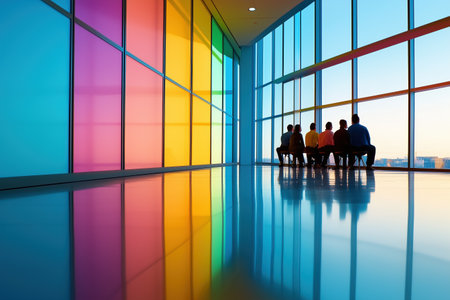 Group of people sitting in front of colorful glass panels in a modern building. Team collaboration and diversity.の素材