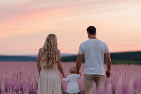 Back view of a family walking through a pink flower field at sunset. Togetherness, love, and peaceful moments.の素材