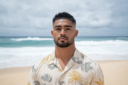 Portrait of a young man on a beach in a floral shirt. Vacation, tropical vibes, and casual styleの素材