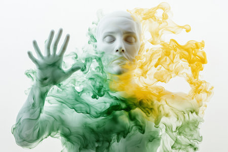 Abstract art of a human face with green and yellow smoke blending in a dreamy composition. Creativity and artistic expression.の素材