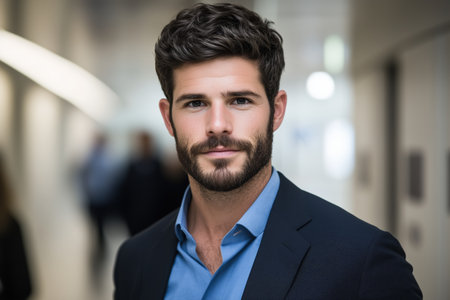 Portrait of confident businessman in formal attire standing in modern office environment. Leadership and corporate success conceptの素材