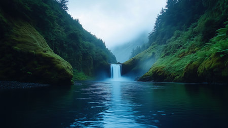 Majestic waterfall surrounded by green cliffs and misty atmosphere. Symbolizing power, beauty, and natural wonder.の素材