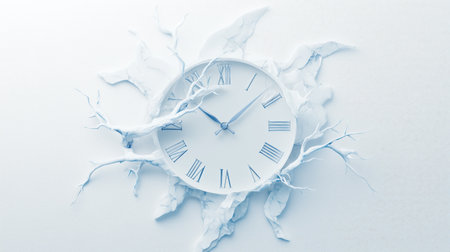 White clock with Roman numerals breaking through a textured white wall. Time and transformation conceptsの素材