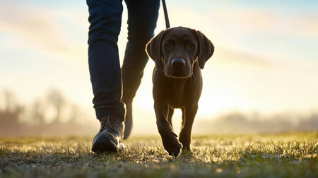 Close-up of a black Labrador puppy walking on grass with owner in the background during sunrise. pet care and companionshipの素材