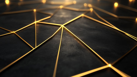 Golden geometric network pattern on dark background. Representation of connections, luxury, and modern design concepts.の素材
