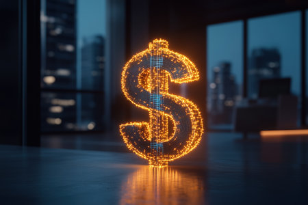 Glowing digital dollar sign against cityscape at night. Symbol of financial technology and digital economy.の素材