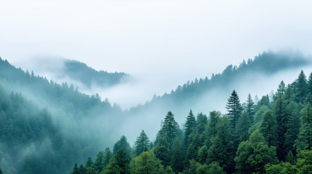 Misty mountain peak with dramatic lighting and a pine forest in the foreground. Majestic landscape for adventure and scenic themes.の素材