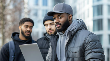 Group of diverse men collaborating outdoors with a laptop in an urban setting. teamwork and technologyの素材