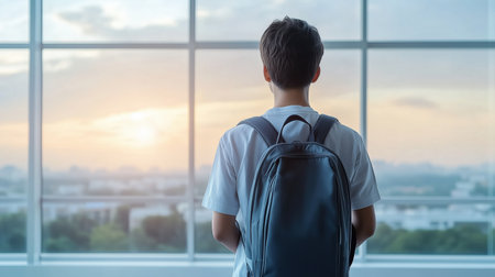Teen boy with a backpack standing near a large window, gazing at the sunset over a cityscape. Concept of reflection, travel, and future aspirations.の素材