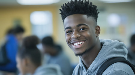 Smiling teenage student in classroom with classmates blurred in background. Youth and education conceptの素材
