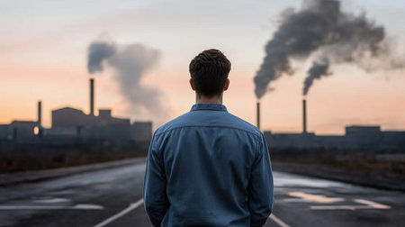 Rear view of a man in a denim shirt facing a polluted industrial landscape with smokestacks emitting smoke at sunset. Climate change and environmental concern.の素材