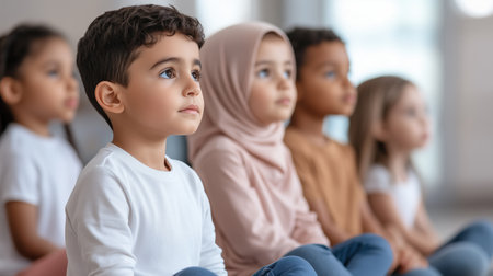 Diverse group of children sitting attentively in a classroom. education and inclusivity conceptの素材