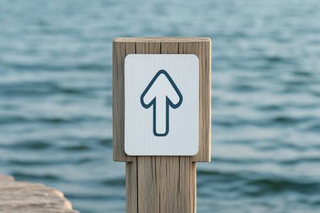 Wooden post with arrow sign by a lake. Direction and navigation conceptの素材