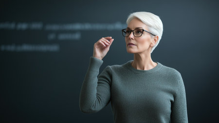 Mature woman with short white hair writing on a blackboard in a classroom. Experienced educator and knowledge sharing.の素材