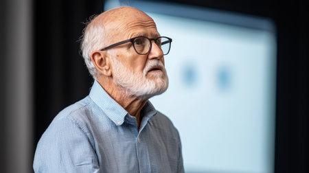 Elderly man with a beard and glasses presenting in a conference room with a projector screen. wisdom and experienceの素材
