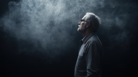 Elderly man looking contemplatively into the foggy darkness. Concept of wisdom, reflection, and aging.の素材