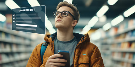 Young man in a supermarket holding a smartphone with a virtual shopping list displayed. Concept of technology, shopping, and convenience.の素材