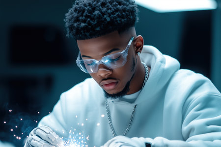 Focused young engineer wearing safety glasses and analyzing a glowing electronic component in a dimly lit laboratory. Innovation and technology development.の素材