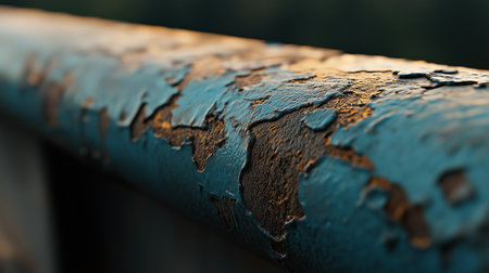 Peeling blue paint on a rusted metal surface illuminated by golden sunlight. Concept of decay and textures.の素材