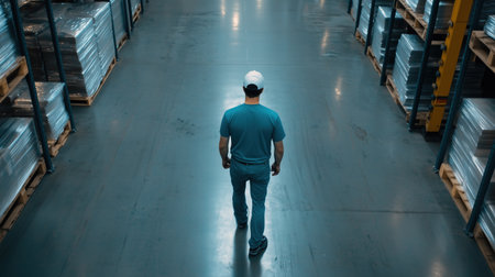 Back view of a worker walking in a warehouse with tall shelves filled with pallets. Industrial work environment concept.の素材