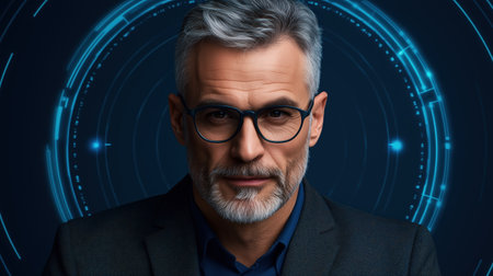 Portrait of a confident senior businessman with glasses against a digital futuristic background. leadership and innovationの素材