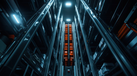 Dark industrial automated warehouse with high vertical storage racks illuminated by blue lights. Advanced logistics and inventory management.の素材