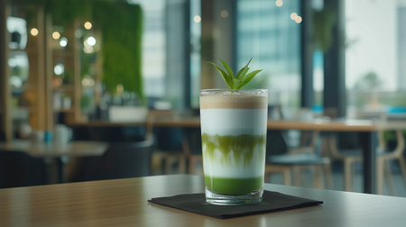 Layered iced matcha latte in a tall glass with fresh green leaves on a cafe table. Modern trendy tea beverageの素材
