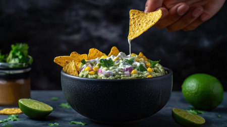 Bowl of guacamole topped with sour cream, corn, and onions, served with tortilla chips against a moody dark background. Traditional Mexican dip and party snack concept.の素材