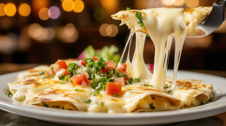 Cheesy quesadillas with melted cheese, fresh tomato, and chopped cilantro on a plate. Mexican food photography. Restaurant menu and comfort food.の素材