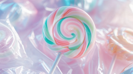 Close-up of a pastel swirl lollipop with pink, green, and white colors in a soft dreamy background. Colorful candy for sweet treats and dessert themes.の素材