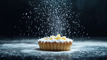 Golden tart topped with powdered sugar and almond flakes with sugar falling from above. Elegant pastry presentationの素材