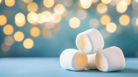 White fluffy marshmallows stacked against a dreamy blue background with soft golden bokeh lights. Sweet and airy candy conceptの素材