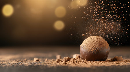 Chocolate truffle coated in cocoa powder with a dust explosion effect on a golden-lit surface. Decadent gourmet confection, artistic dessert presentation.の素材