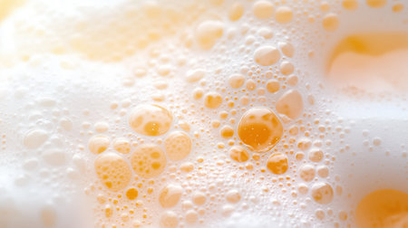 Macro shot of golden foam bubbles with white froth texture. Abstract beverage background.の素材