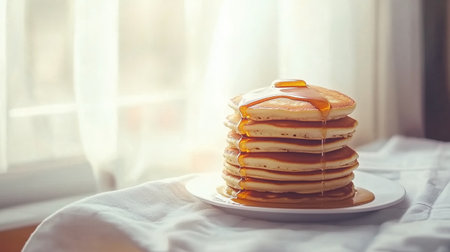 Stack of golden pancakes with maple syrup dripping down, set against a bright morning window. Sweet breakfast indulgence.の素材