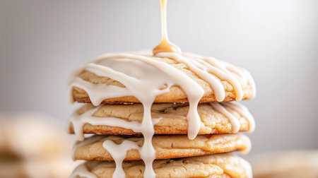 Stack of sugar cookies with white icing and caramel drizzle on blurred background. Bakery and dessert photographyの素材