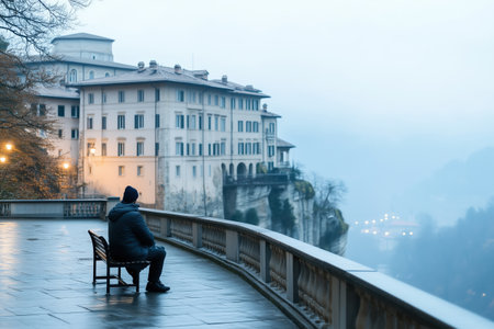 Man sitting on bench overlooking misty cityscape. Solitude and contemplationの素材