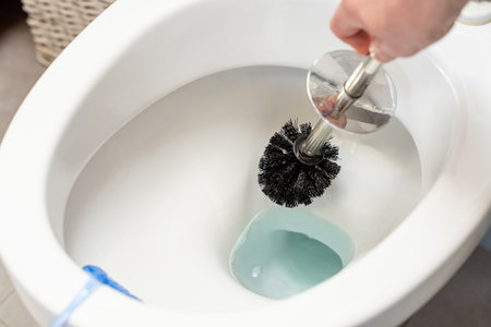 Close-up of hand cleaning toilet bowl with black brush, bathroom hygiene conceptの写真素材