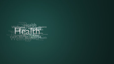 Health and wellness keywords cloud on dark green backgroundの写真素材