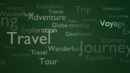Travel-related word cloud featuring words like 'Voyage' and 'Exploration' on dark green backgroundの写真素材