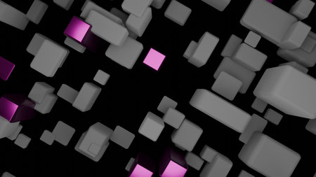 Floating geometric cubes with magenta accentsの写真素材