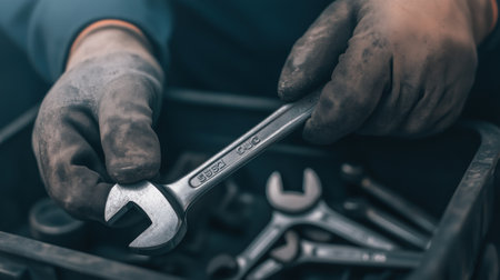 Mechanic's gloved hands holding a wrench over a toolbox. Concept of repair, industry, and hard workの素材