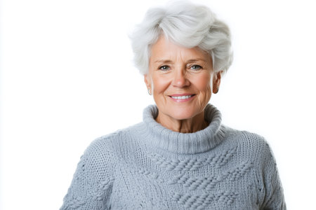 Cheerful senior woman with white hair wearing a warm gray sweater and smiling. Happiness in aging. Isolated portraitの素材