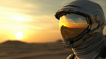 Astronaut helmet reflecting desert landscape at sunset. space exploration and adventureの素材