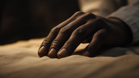 Dark-skinned hand resting on a soft fabric in warm light. Comfort and relaxationの素材
