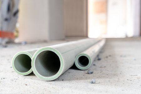 Three green PVC pipes close-up with blurred warehouse background