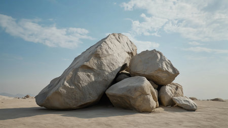 Large desert boulders under blue sky in arid landscape. Strength and enduranceの素材