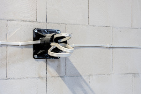 Mounted electrical conduit with cables on unfinished wallの写真素材