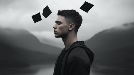 Young man with floating black geometric shapes above his head in surreal grayscale landscape. Imagination and creativity conceptの素材